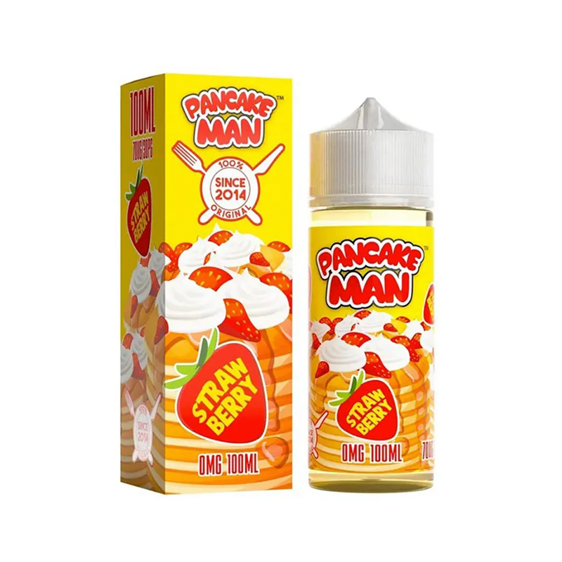 Pancake Man Strawberry originalflaska och kartong mot vit bakgrund