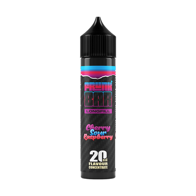 Svart, blå och rosa flaska. På flaskan står det frunk bar longfill cherry sour raspberry 20ml flavour concentrate
