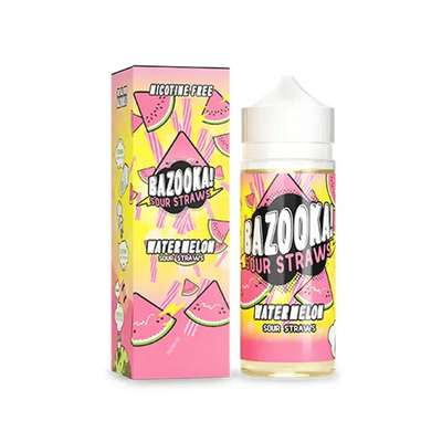 Bazooka Sour Straws Watermelon originalflaska bredvid förpackning mot vit bakgrund