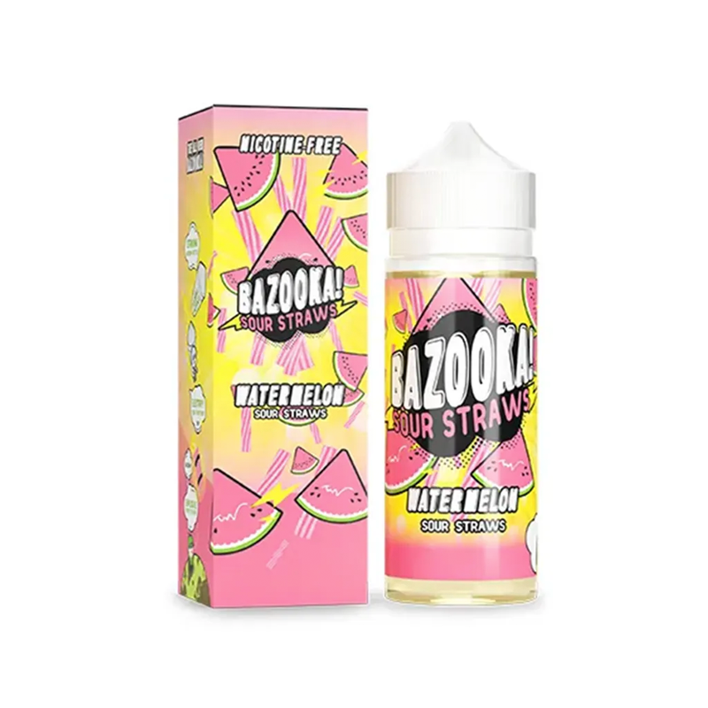 Bazooka Sour Straws Watermelon originalflaska bredvid förpackning mot vit bakgrund