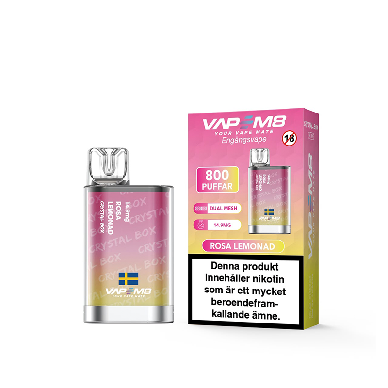VapeM8 Crystal Box Dual Mesh Rosa Lemonad Engångs Vape bredvid originalförpackning