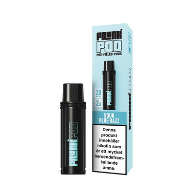 Frunk Pod Sour Blue Razz med svart pod och blå produktförpackning