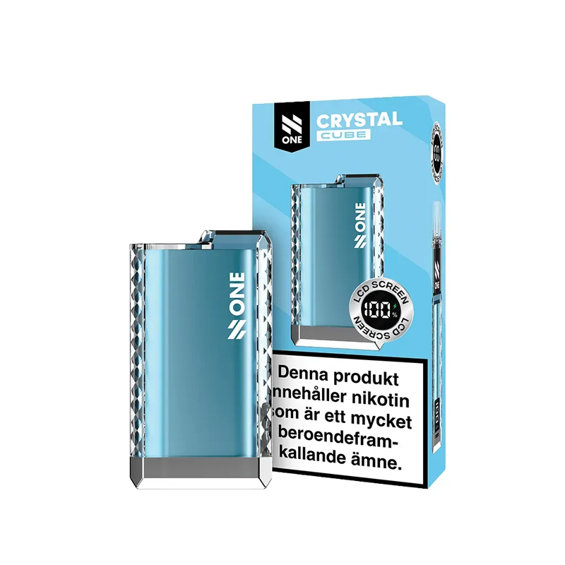 Blått N One Crystal PRO Cube-batteri med produktförpackning