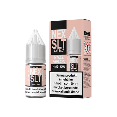 NEX SLT Razz Melon originalflaska till vänster om originalförpackning mot vit bakgrund