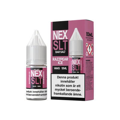 NEX SLT Razzpear Ice originalflaska till vänster om originalförpackning mot vit bakgrund