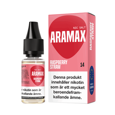 Aramax Salt Raspberry Straw 10ml Nic Salt flaska bredvid originalförpackning
