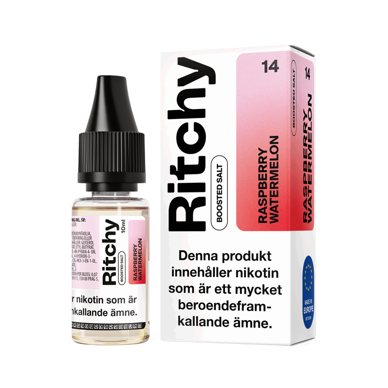 Ritchy Salt Raspberry Watermelon 10ml Nic Salt flaska bredvid originalförpackning