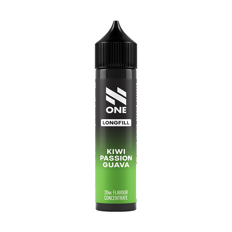 Svart och grön flaska. På flaskan står det N One longfill kiwi passion guava 20ml flavour concentrate