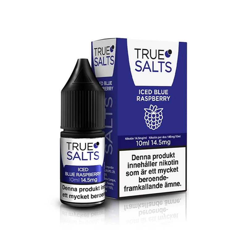True Salts Iced Blue Raspberry flaska bredvid originalförpackning