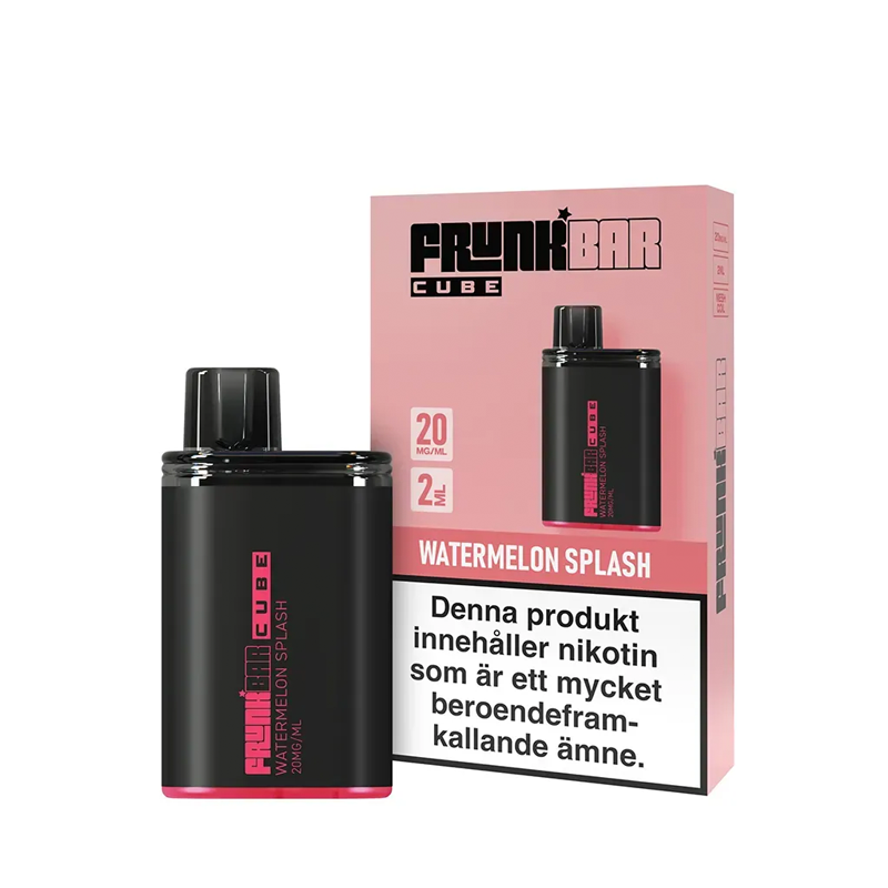 Frunk Bar Cube Watermelon Splash Engångs Vape bredvid originalförpackning