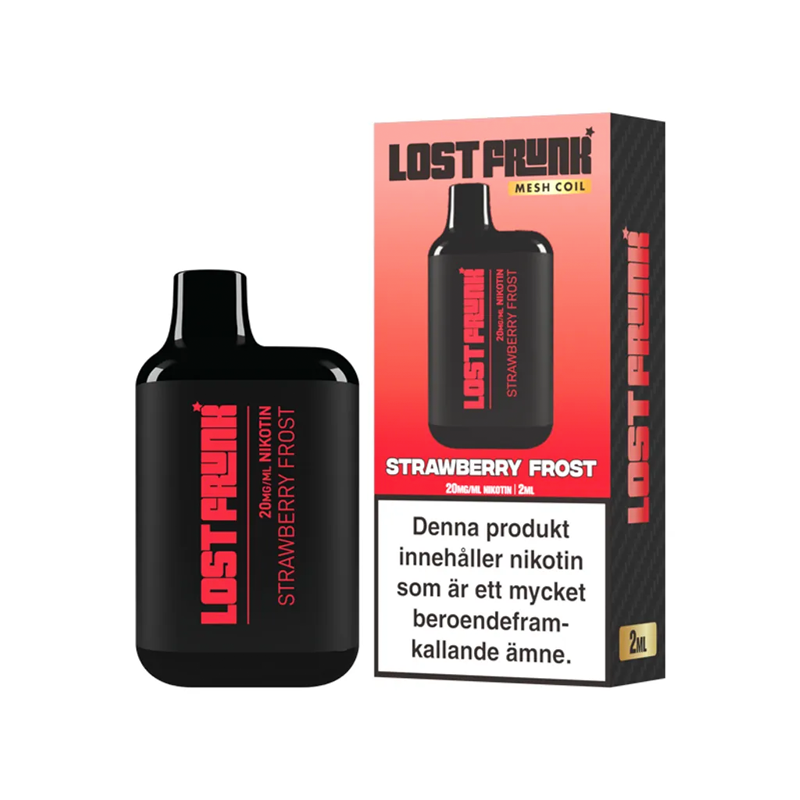 Lost Frunk Engångs Vape Strawberry Frost bredvid originalförpackning