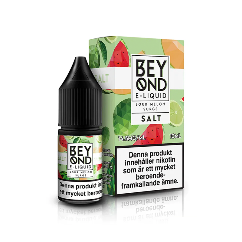 Beyond Salts Sour Melon Surge Flaska bredvid originalförpackning