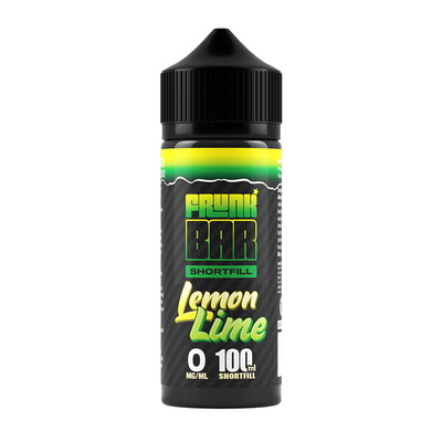 Svart, gul och grön flaska. På flaskan står det frunk bar shortfill lemon lime 0 mg/ml 100ml shortfill