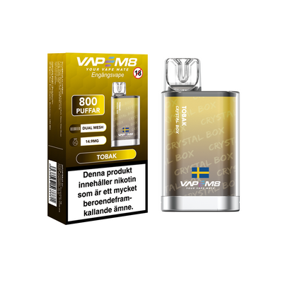 VapeM8 Crystal Box Dual Mesh Engångs Vape Tobak engångsvape bredvid originalförpackning mot vit bakgrund