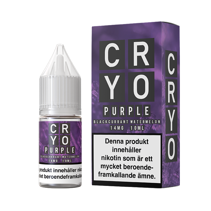 På bilden syns en flaska och låda. båda är lila och på dom står det Cryo purple blackcurrant watermelon 14mg 10ml