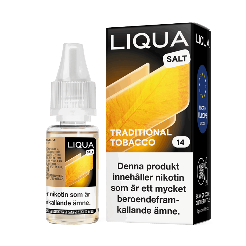 Liqua Salt Traditional Tobacco 10ml Nic Salt flaska bredvid originalförpackning