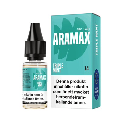 Aramax Salt Triple Mint 10ml Nic Salt flaska bredvid originalförpackning