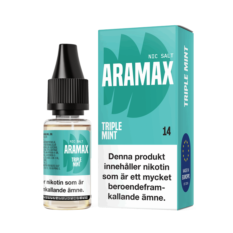 Aramax Salt Triple Mint 10ml Nic Salt flaska bredvid originalförpackning