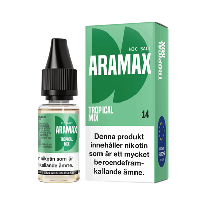 Aramax Salt Tropical Mix 10ml Nic Salt flaska bredvid originalförpackning