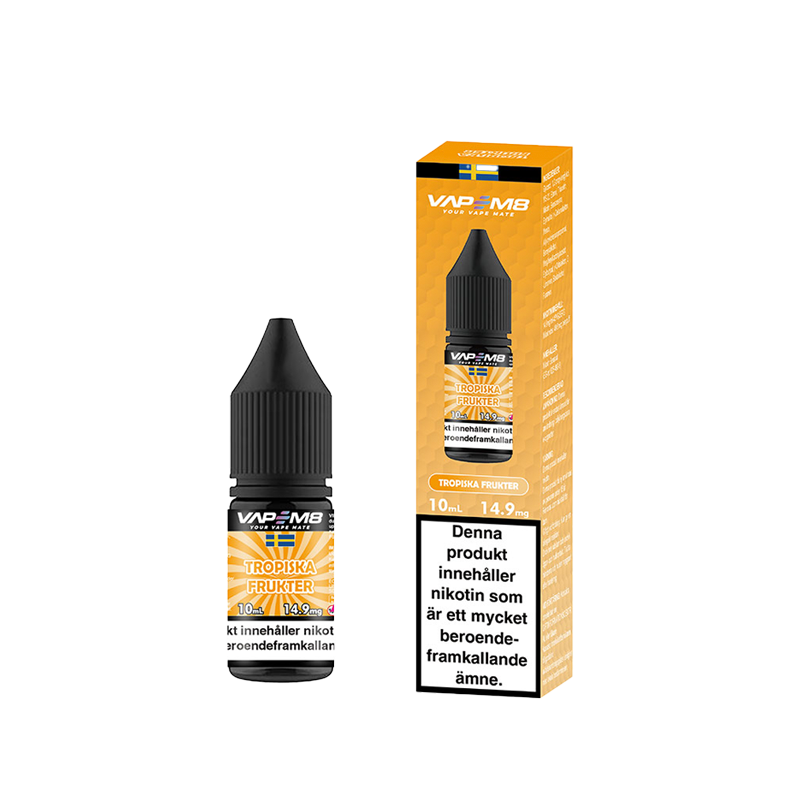 VapeM8 Salt Tropiska Frukter 10ml Nic Salt flaska bredvid originalförpackning