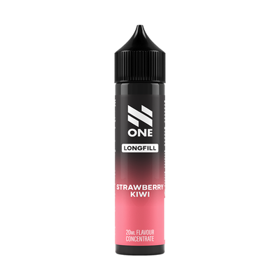 Svart och rosa flaska. På flaskan står det N One longfill strawberry kiwi 20ml flavour concentrate