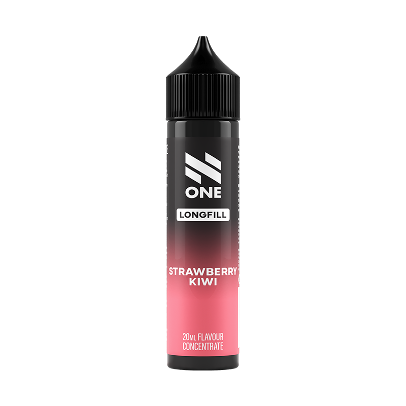 Svart och rosa flaska. På flaskan står det N One longfill strawberry kiwi 20ml flavour concentrate