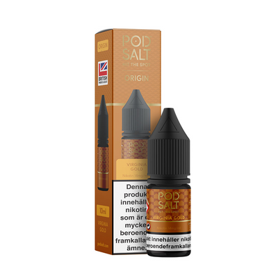 Pod Salt Virginia Gold Flaska bredvid originalförpackning