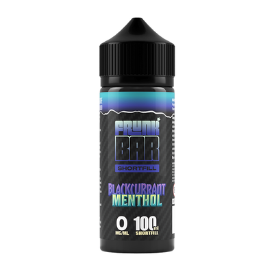 Svart, lila och blå flaska. På flaskan står det frunk bar shortfill blackcurrant menthol 0 mg/ml 100ml shortfill