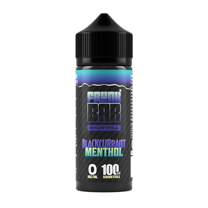 Svart, lila och blå flaska. På flaskan står det frunk bar shortfill blackcurrant menthol 0 mg/ml 100ml shortfill