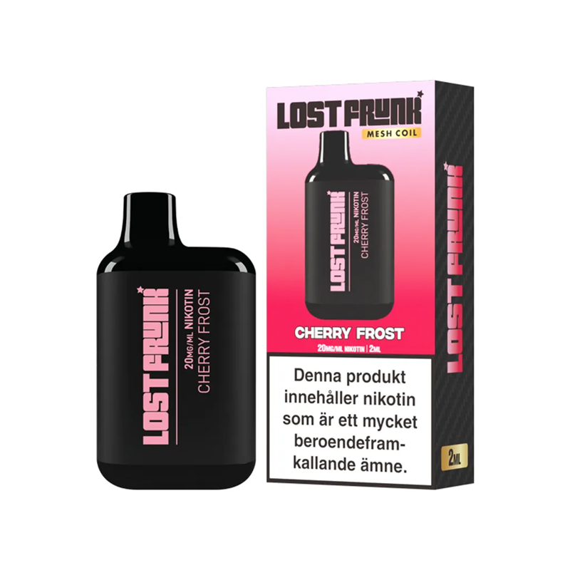 Lost Frunk Engångs Vape Cherry Frost bredvid originalförpackning