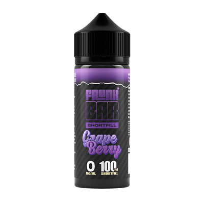 Svart och lila flaska. På flaskan står det frunk bar shortfill grape berry 0 mg/ml 100ml shortfill