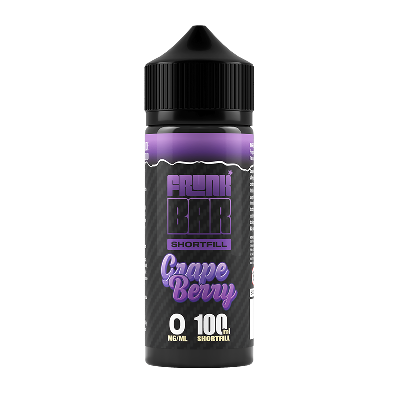 Svart och lila flaska. På flaskan står det frunk bar shortfill grape berry 0 mg/ml 100ml shortfill