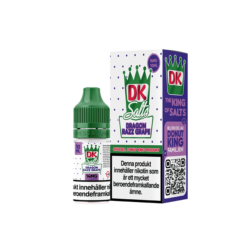 DK Salts Dragon Razz Grape flaska bredvid orginalförpackning