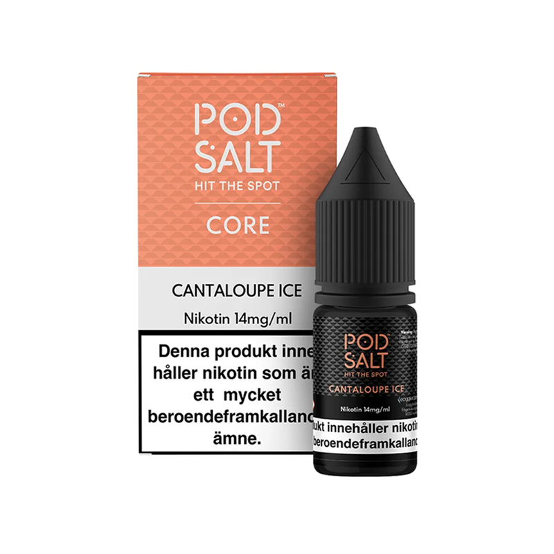 Pod Salt Cantaloupe Ice Flaska bredvid originalförpackning