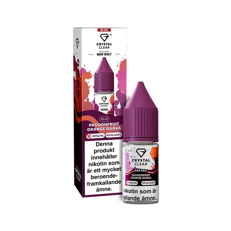 Crystal Clear Passionfruit Orange Guava flaska bredvid originalförpackning