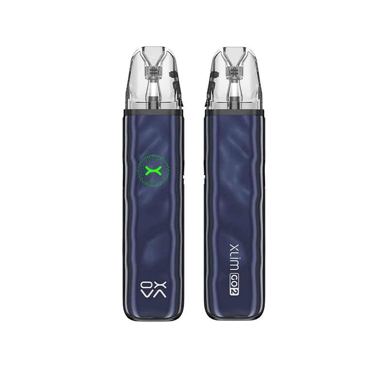 Oxva Xlim GO 2 i färgen Metal Blue – kompakt e-cigarett med transparent pod, automatisk inhalering och stilren mörkblå design