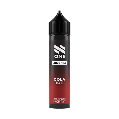Svart och röd flaska. På flaskan står det N One longfill cola ice 20ml flavour concentrate