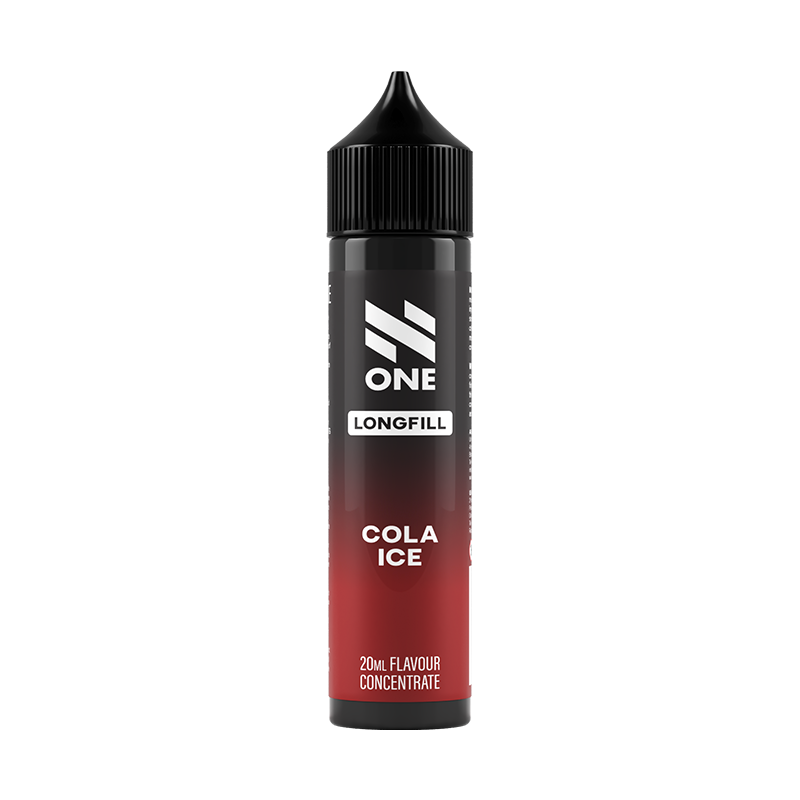 Svart och röd flaska. På flaskan står det N One longfill cola ice 20ml flavour concentrate