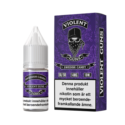 På bilden syns en flaska och låda. båda är lila och på dom står det Swedish candy violent guns 14mg