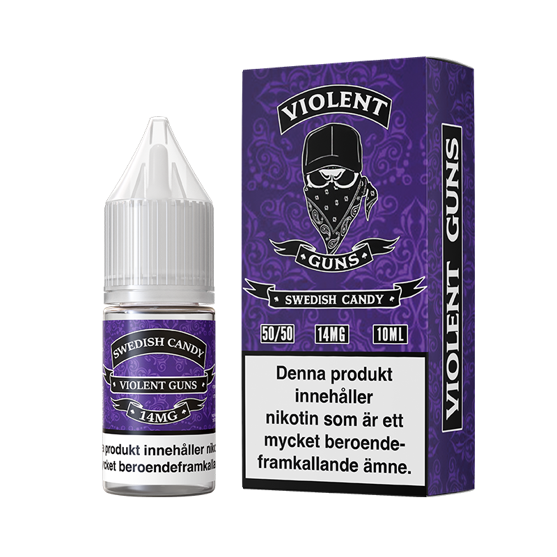 På bilden syns en flaska och låda. båda är lila och på dom står det Swedish candy violent guns 14mg