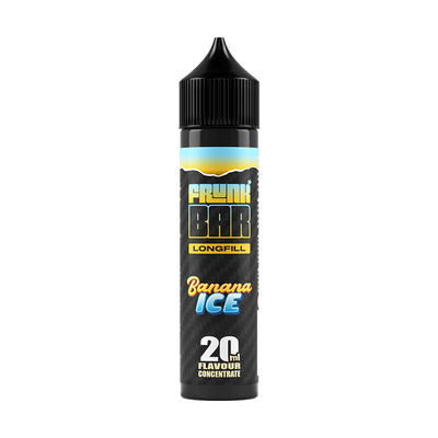 Svart, gul och blå flaska. På flaskan står det frunk bar longfill banana ice 20ml flavour concentrate