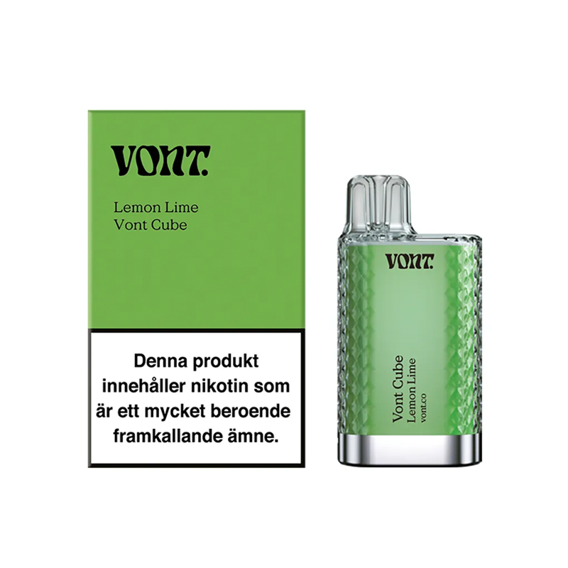 Förpackning och engångsvape Vont Cube lemon lime med varningstext om nikotin och märkning 20 mg/ml.