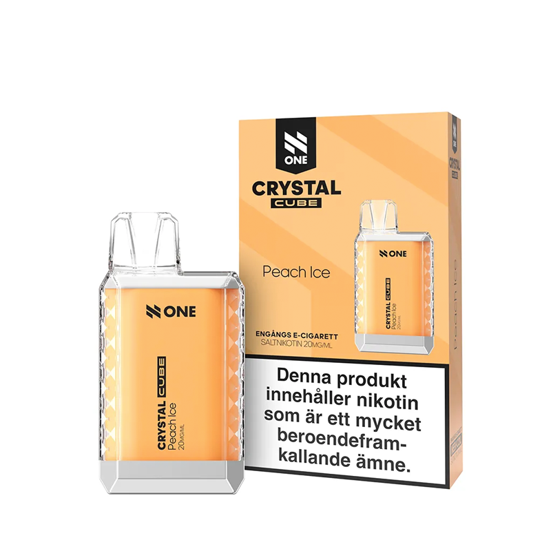N One Crystal Cube Mesh Engångs Vape Peach Ice Enhet bredvid originalförpackning