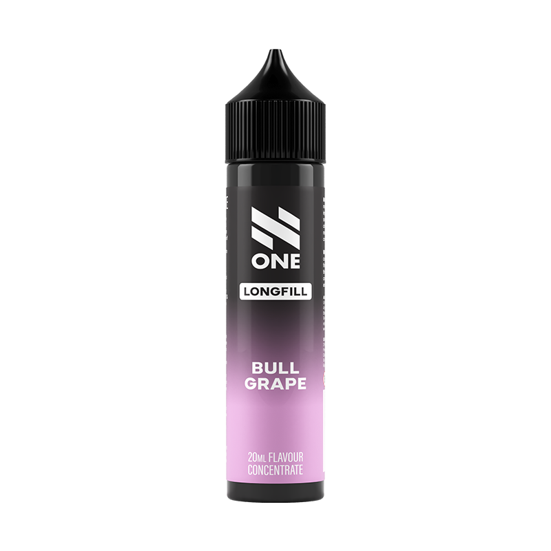 Svart och rosa flaska. På flaskan står det N One longfill bull grape 20ml flavour concentrate