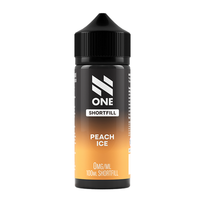 Svart och orange flaska. På flaskan står det N One Shortfill peach ice 0mg/ml 100ml shortfill