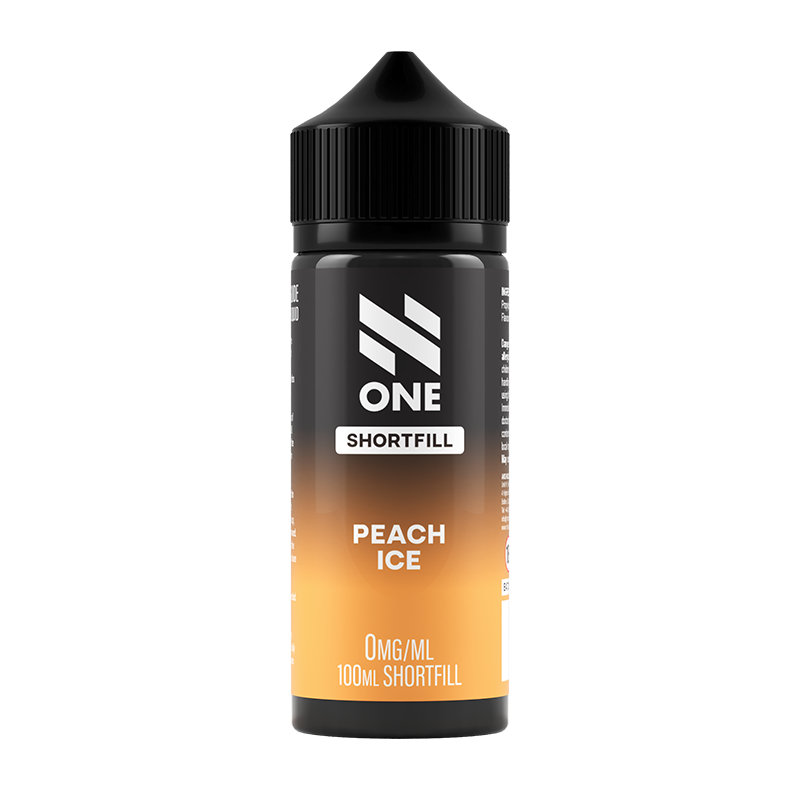 Svart och orange flaska. På flaskan står det N One Shortfill peach ice 0mg/ml 100ml shortfill