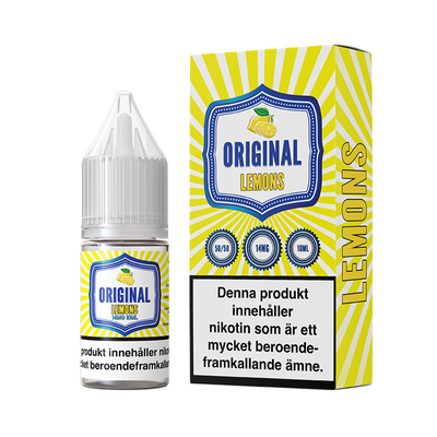 På bilden syns en flaska och låda. båda är gula och vita. på dom står det original lemons 50/50 14mg 10ml