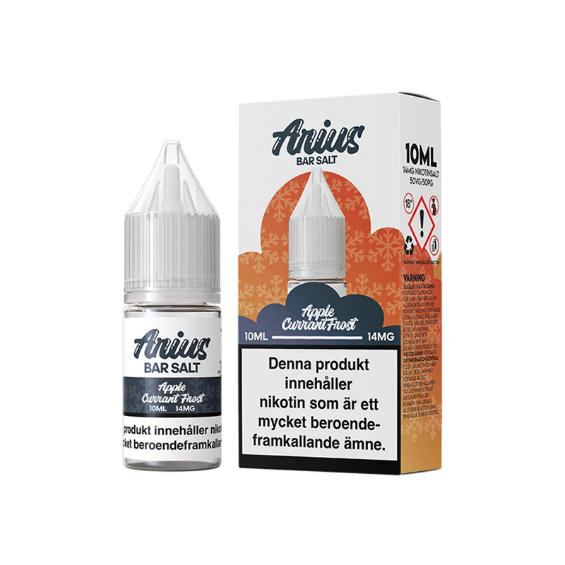 Arius Bar Salt Apple Currant Frost flaska bredvid originalförpackning