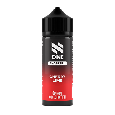 Svart och röd flaska. På flaskan står det N One Shortfill cherry lime 0mg/ml 100ml shortfill