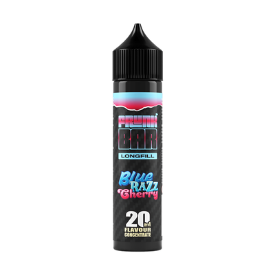 Svart, blå och rosa flaska. På flaskan står det frunk bar longfill blue razz cherry 20ml flavour concentrate
